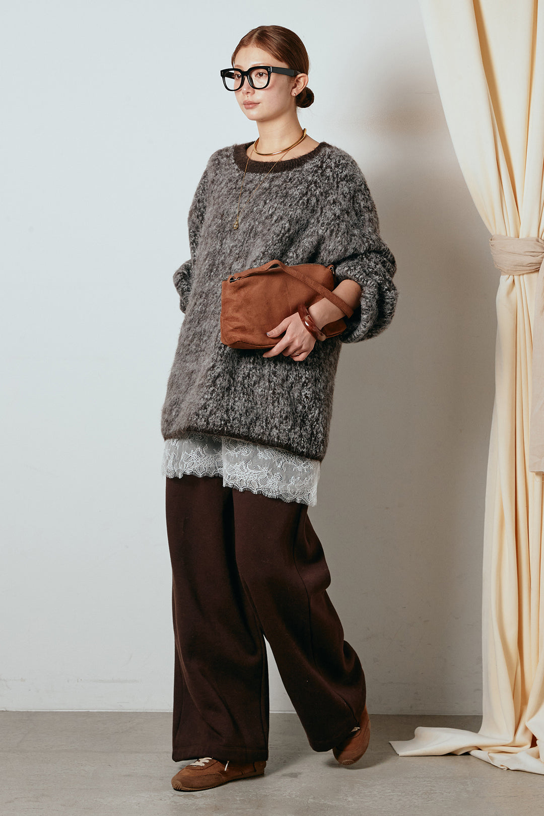 [SET]ボリュームスリーブミックスニットトップス+レース切り替えキャミソール(2set)