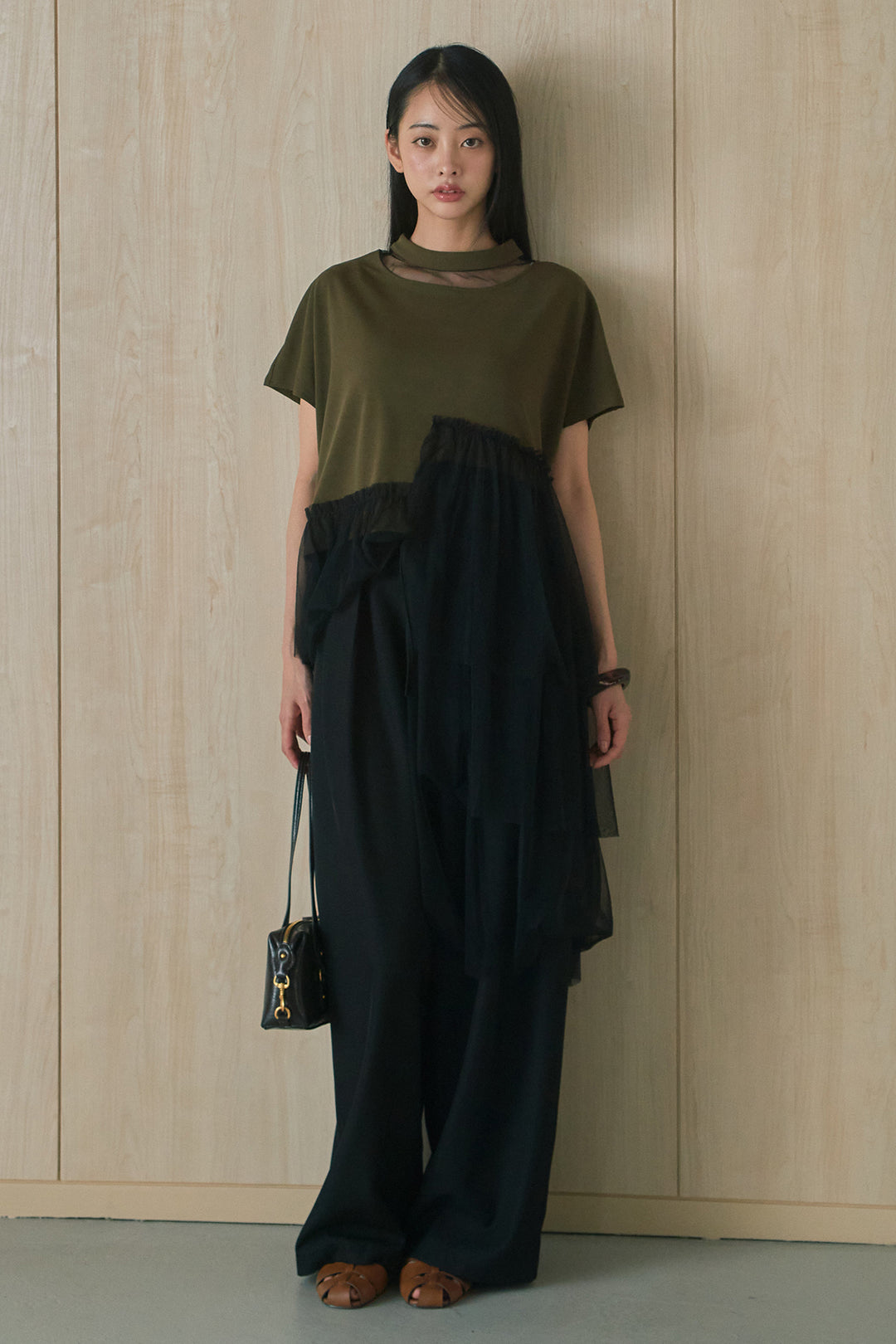 [SET]アシンメトリーチュールフリルTシャツ+ウエストデザインタックワイドパンツ(2set)