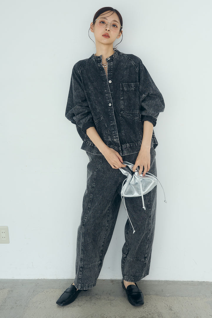 [SET]カラーデニムケミカル加工ノーカラーブルゾン+カラーデニムケミカル加工コクーンパンツ(2set)