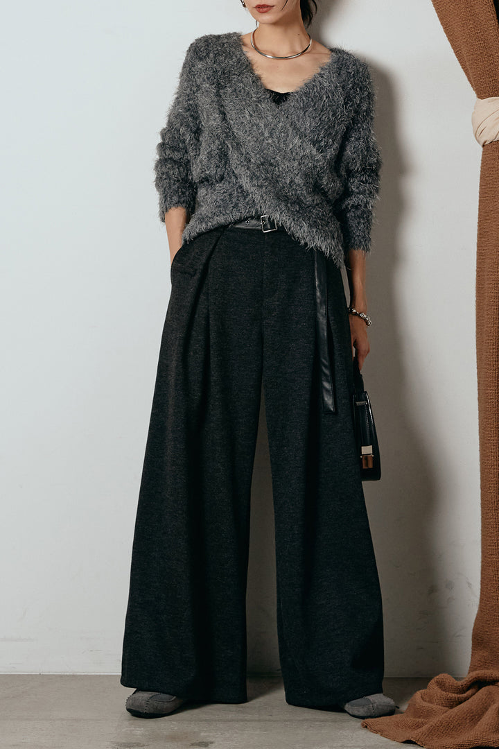 [SET]シャギークロスニットトップス+細ベルト付き起毛タックワイドパンツ(2set)