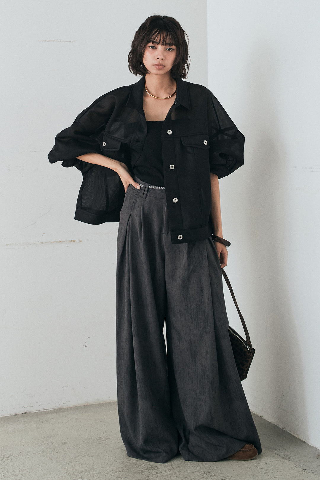 [SET]シアーダンボールサイドドロストジャケット+紐ベルト付きかすれ柄ワイドスラックス(2set)