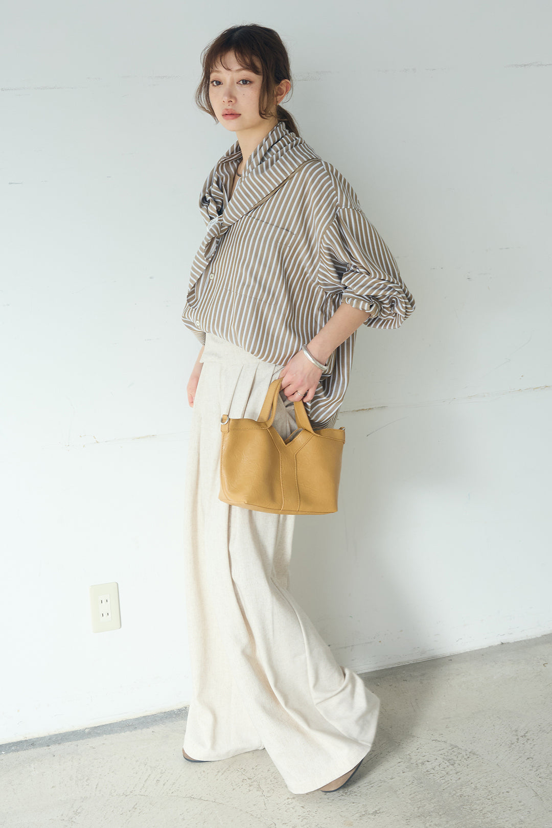 [SET]レーヨンストライプスカーフ+麻混タックワイドパンツ+レーヨンストライプバンドカラー長袖シャツ(3set)