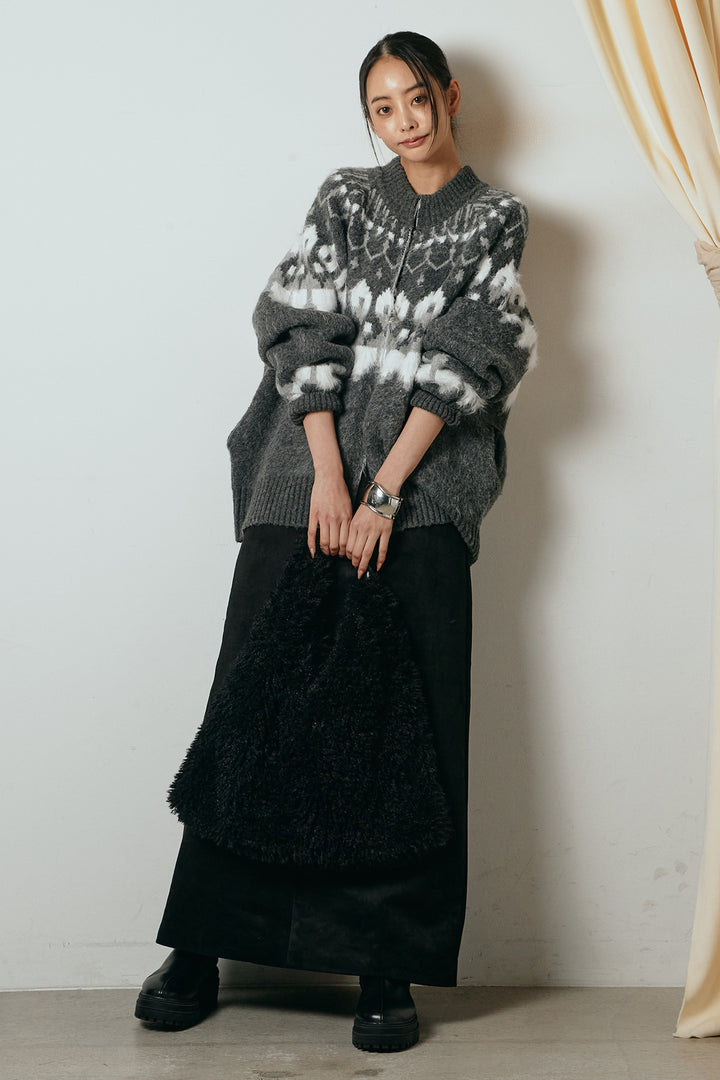 [SET]起毛ダブルジップパターンニットカーディガン+エコスウェードワイドスカート(2set)