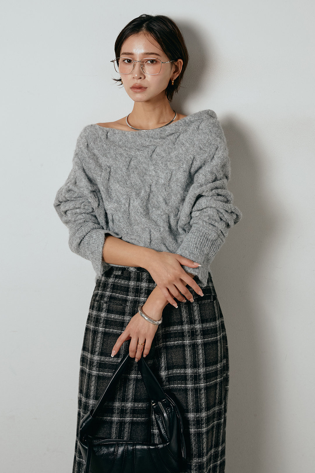 [SET]ボートネックニットトップス+ルーズタータンチェックワイドパンツ(2set)