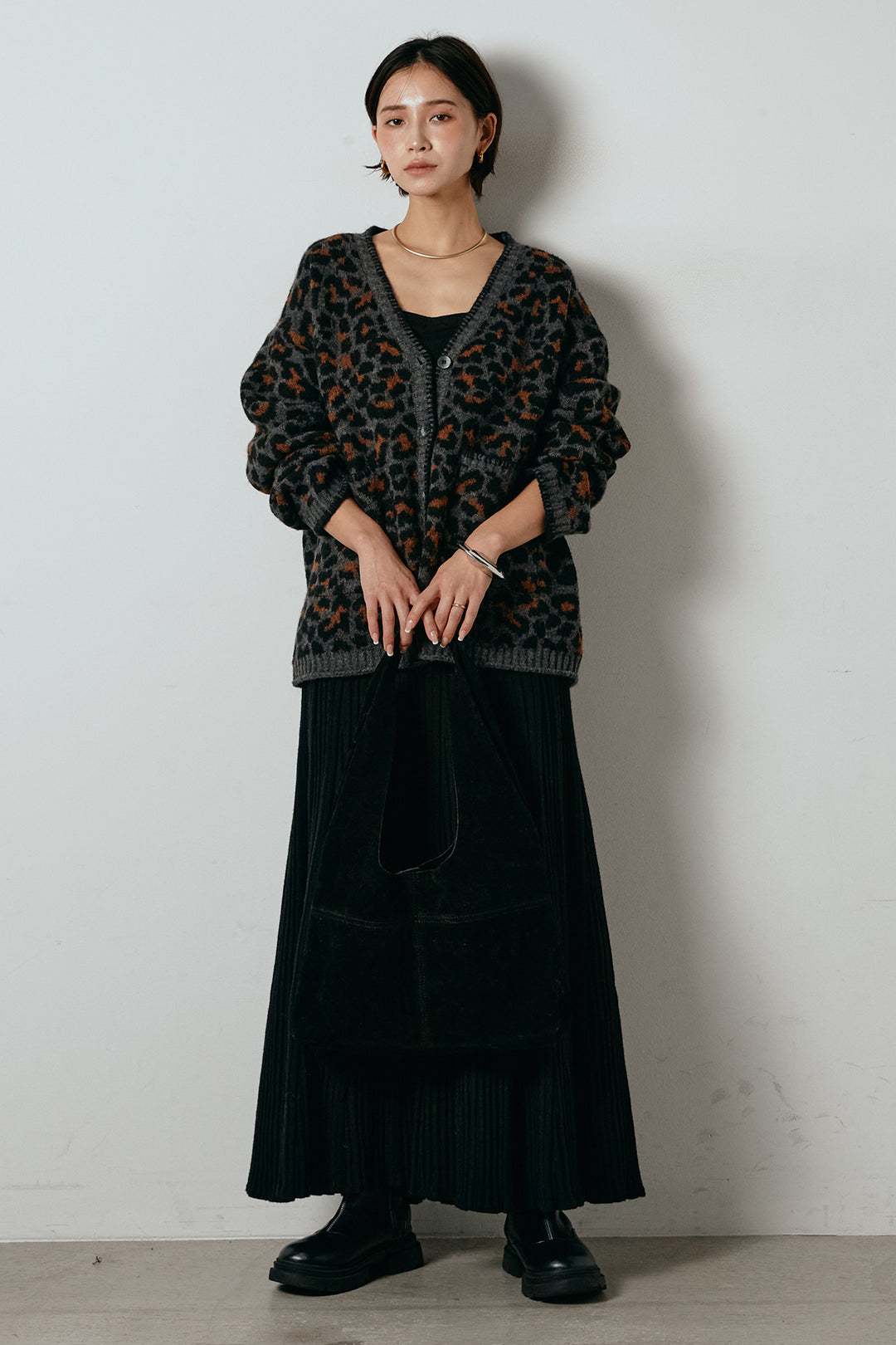 [SET]ステッチデザインレオパードニットカーディガン+リブニットフレアスカート(2set)