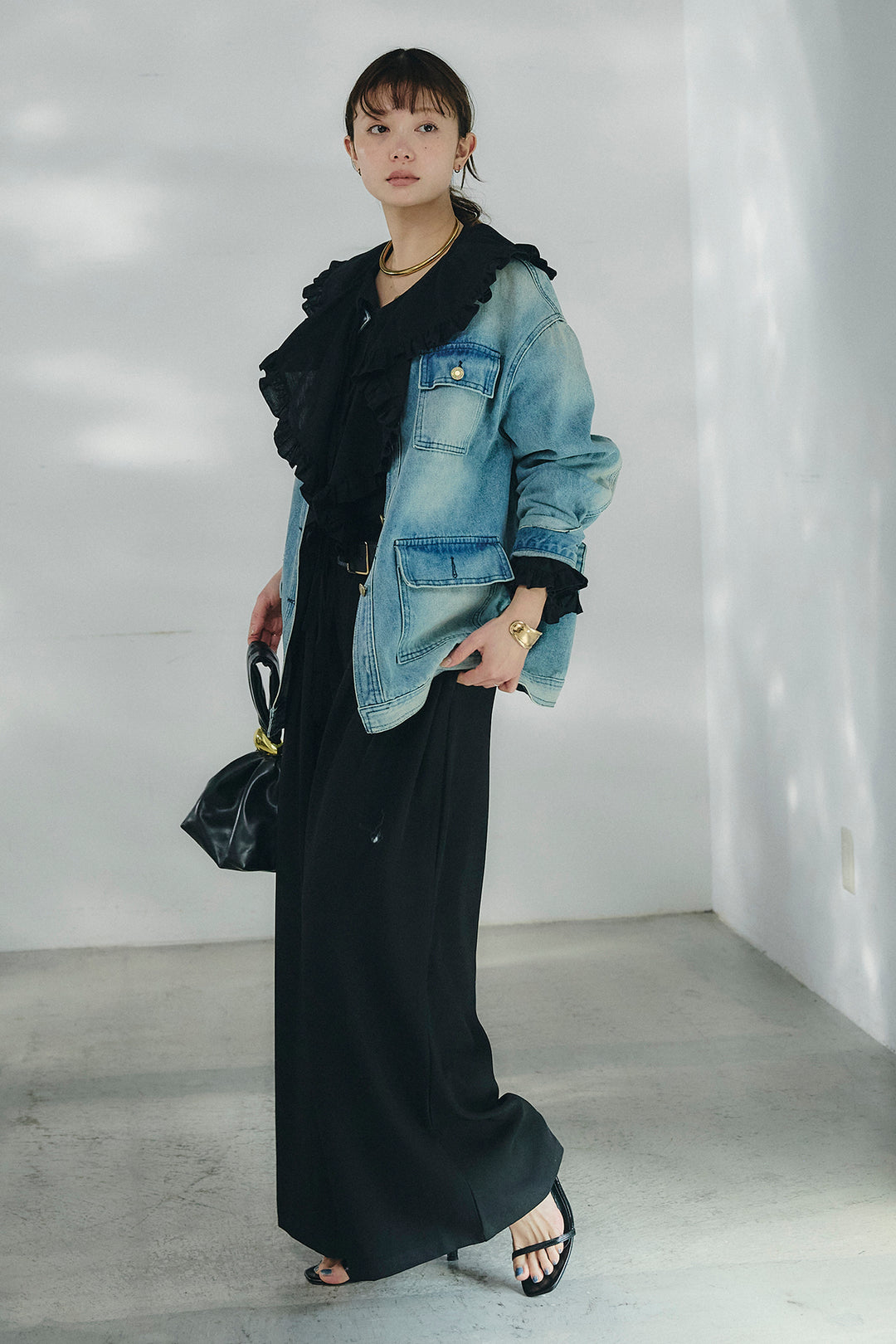 [SET]ノーカラーデニムポケットジャケット+コットンフリルブラウス+ベルト付きタックデザインハイウエストロングパンツ(3set)