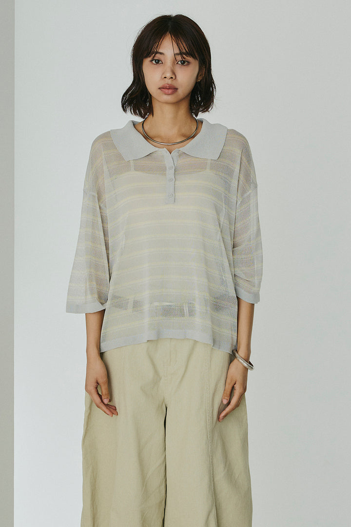 [SET]ボーダーニットポロシャツ+サイドベルトカーブワイドパンツ(2set)