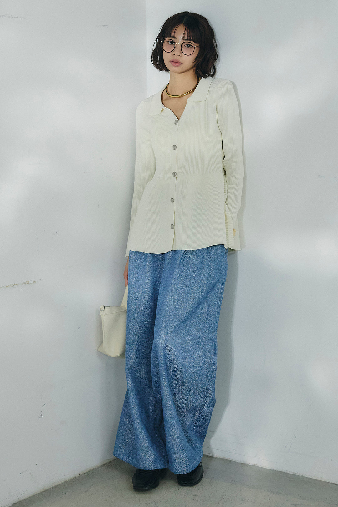 [SET]スキッパーペプラムニット+デニムライクヘリンボーンタックパンツ(2set)