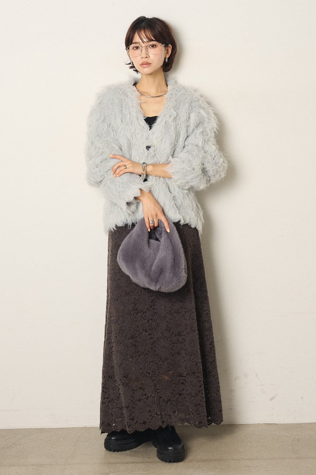 [SET]起毛シャギーニットカーディガン+花柄刺繍ベロアフレアスカート(2set)