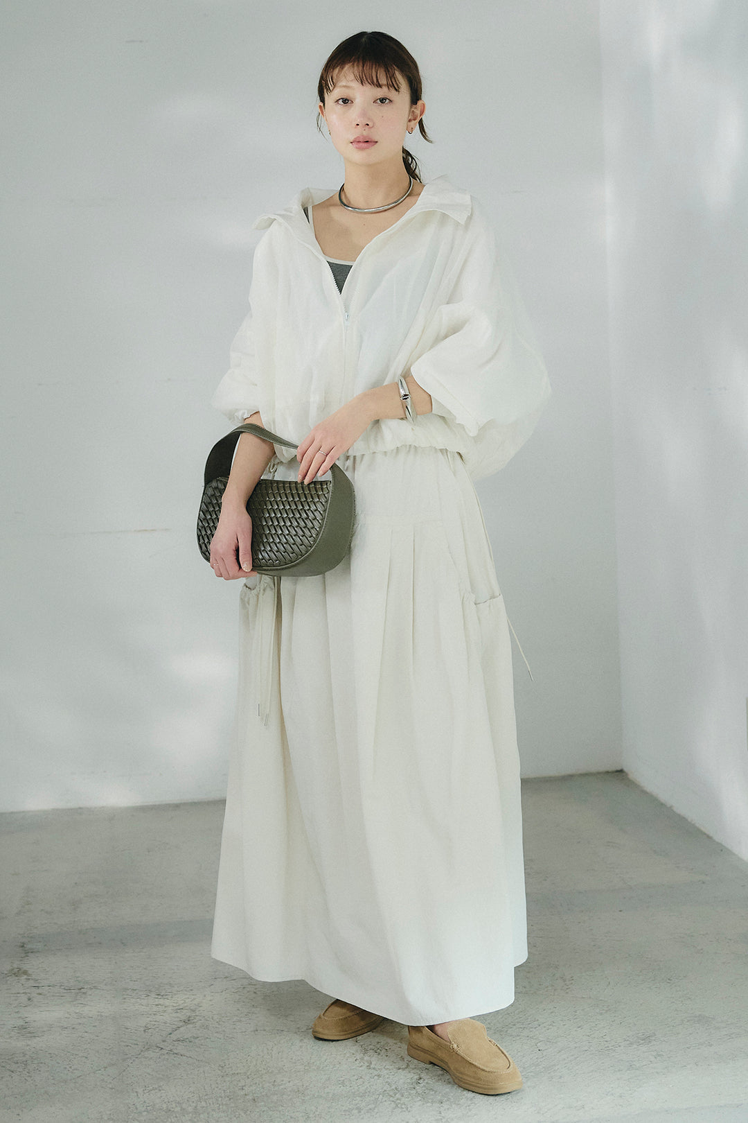 [SET]スタンドネックシアーブルゾン+ナイロンデザインフレアスカート(2set)