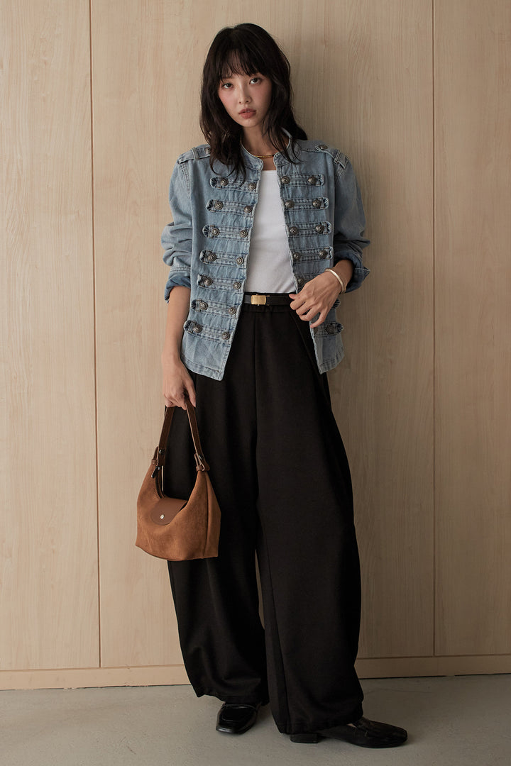 [SET]ナポレオンボタンデニムジャケット+ボンディングタックパンツ(2set)