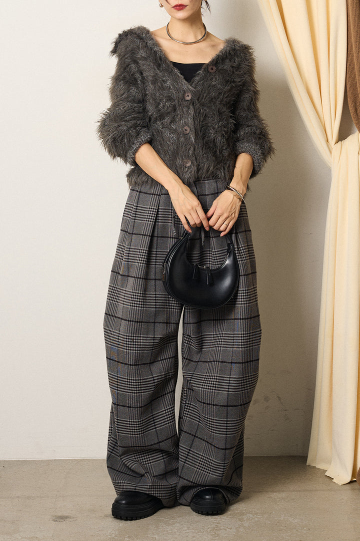 [SET]襟付きシャギーニットカーディガン+グレンチェックルーズタックパンツ(2set)