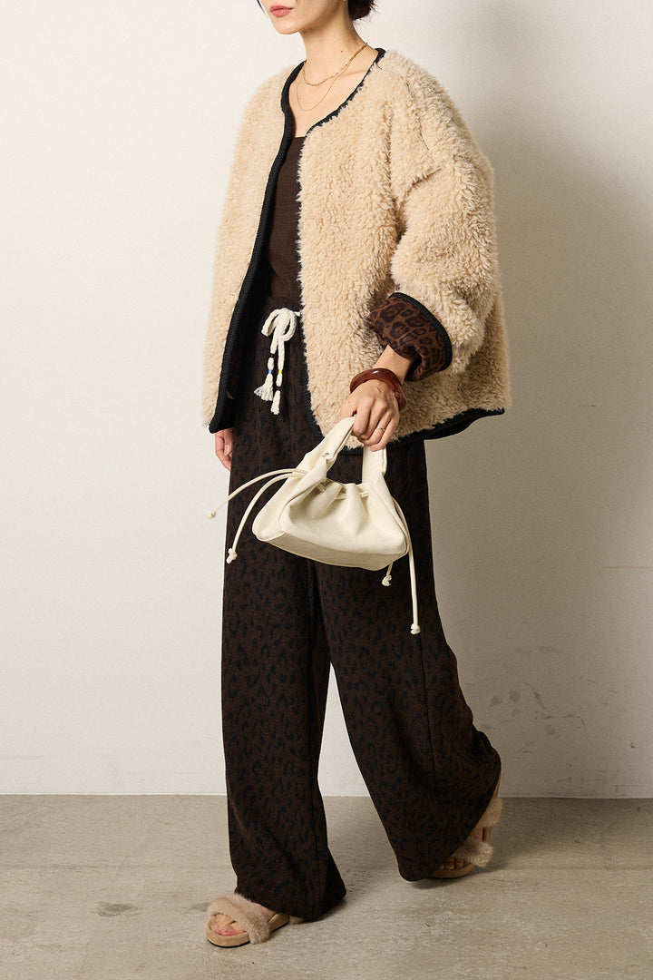 [SET]ノーカラー裏地レオパードボアアウター+レオパードジャガードニットパンツ(2set)