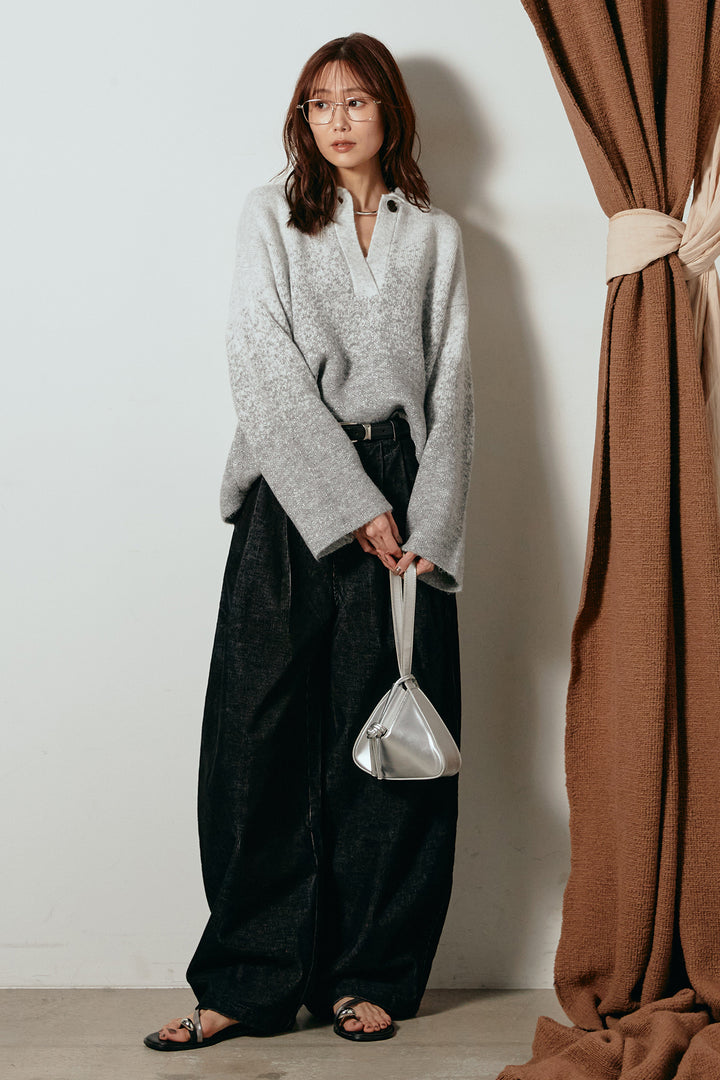 [SET]グラデーションラメニットキーネックプルオーバー+フロントタック入りコーデュロイパンツ(2set)