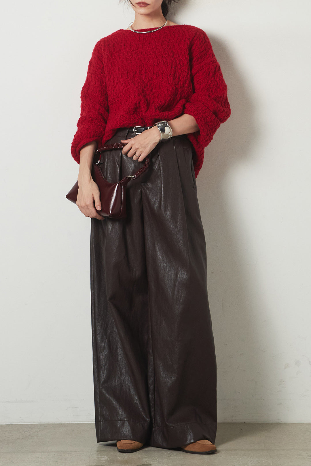 [SET]ボリューム編みニットプルオーバー+ベルト付きレザーライクタックパンツ(2set)