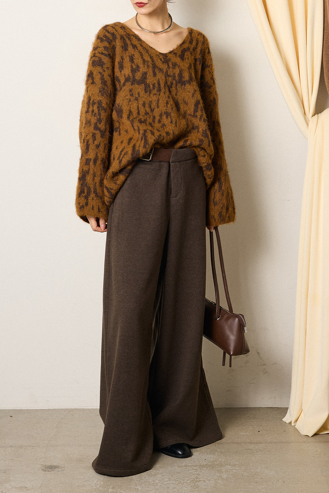 [SET]フラッフィーレオパードシャギーニット+サイドベルトパンツ(2set)