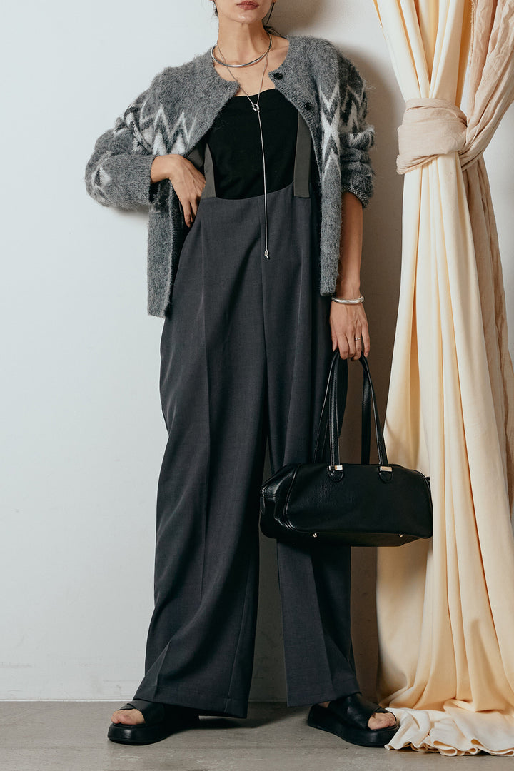 [SET]起毛ノルディック柄ニットカーディガン+ワイドツイルサロペット(2set)