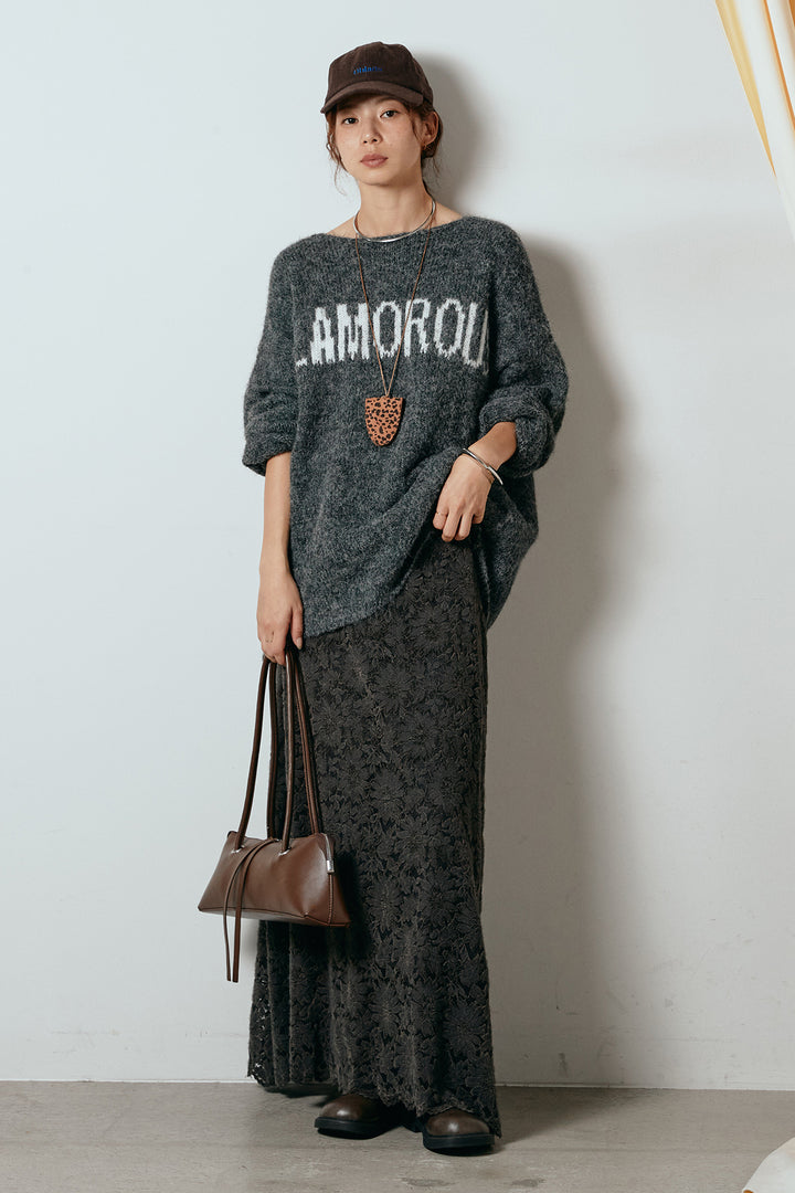 [SET]フロントロゴデザインニットトップス+花柄刺繍ベロアフレアスカート(2set)