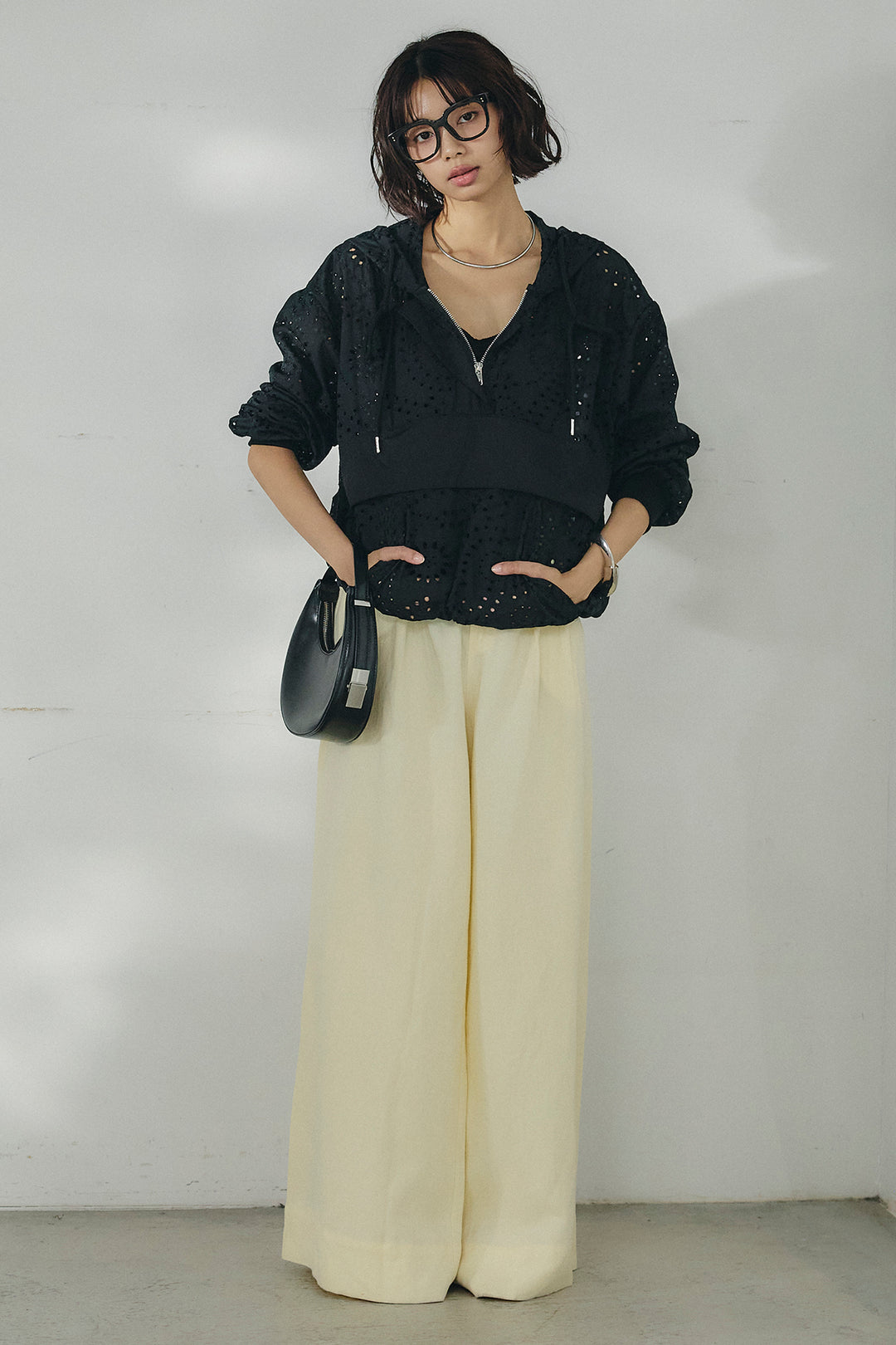 [SET]レースハーフジップアップフーディー+リネン混タックストレートワイドパンツ(2set)