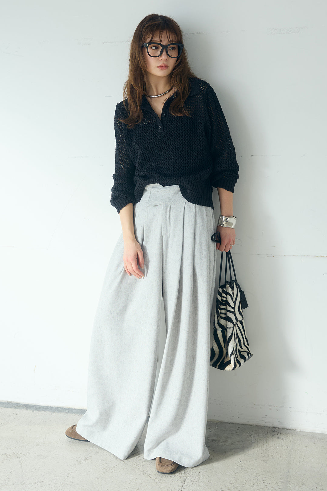 [SET]ミックスメッシュポロニット+麻混タックワイドパンツ(2set)