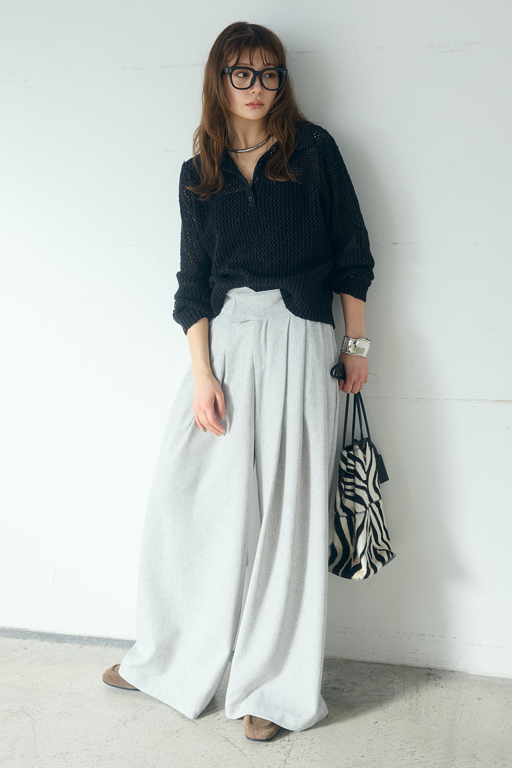 [SET]ミックスメッシュポロニット+麻混タックワイドパンツ(2set)