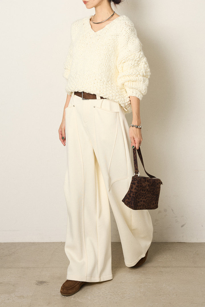[SET]Vネックハンド編みニットトップス+太ベルト付きスウェットワイドカーブパンツ(2set)