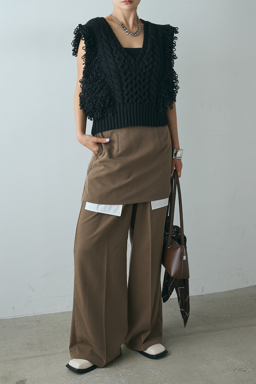 [SET]Vネックループフリンジニットベスト+ストレートパンツ＆ミニスカートセット(2set)