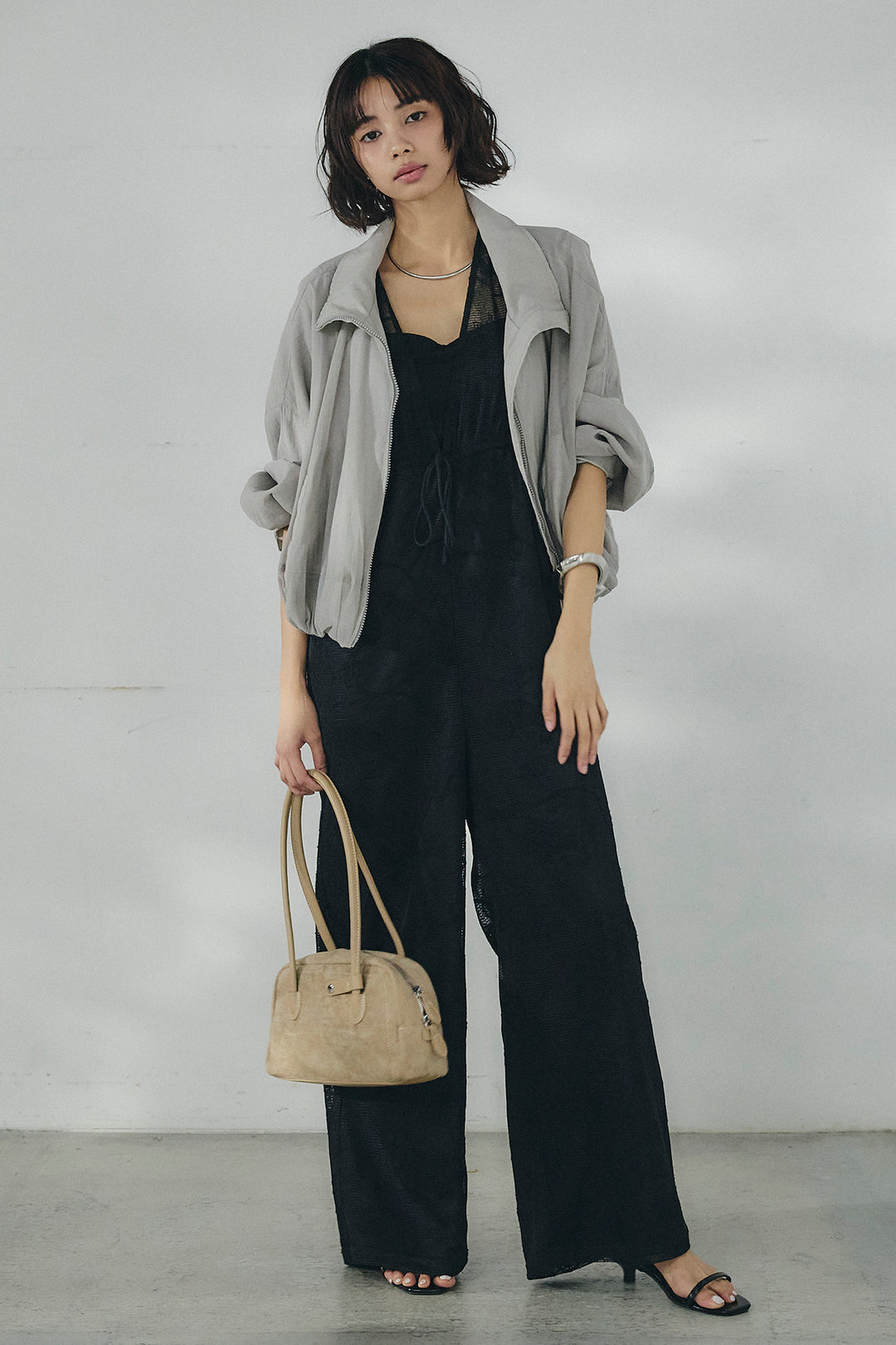 [SET]スタンドネックシアーブルゾン+レースサロペット(2set)