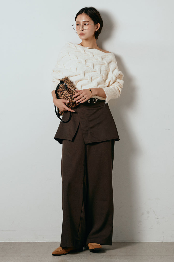 [SET]ボートネックニットトップス+ベルト付きウエストデザインパンツ(2set)