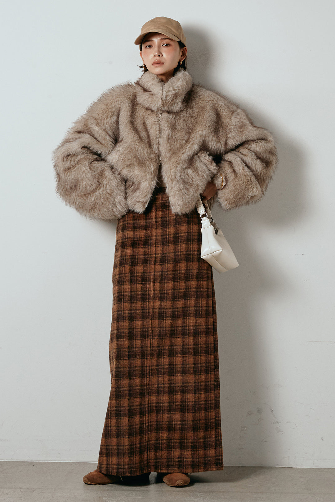 [SET]エコファーショート丈ブルゾン+シャギーチェックストレートスカート(2set)