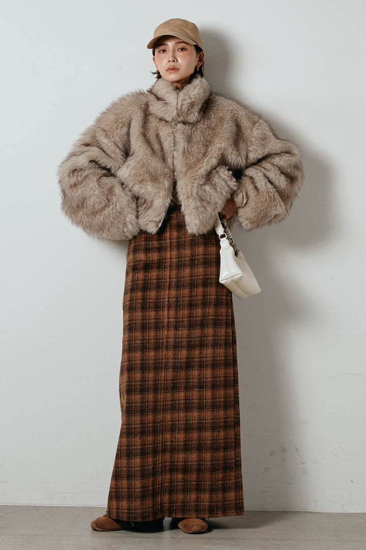 [SET]エコファーショート丈ブルゾン+シャギーチェックストレートスカート(2set)