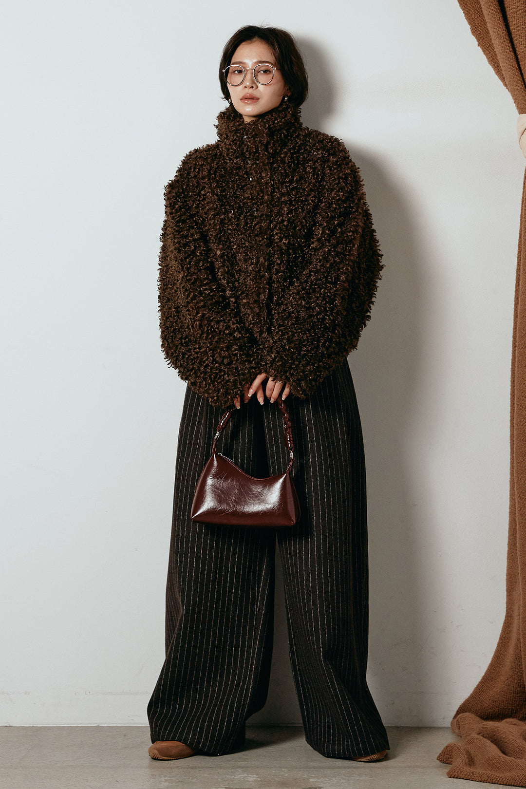 [SET]プードルファーミドルジャケット+ウールライクストライプパンツ(2set)