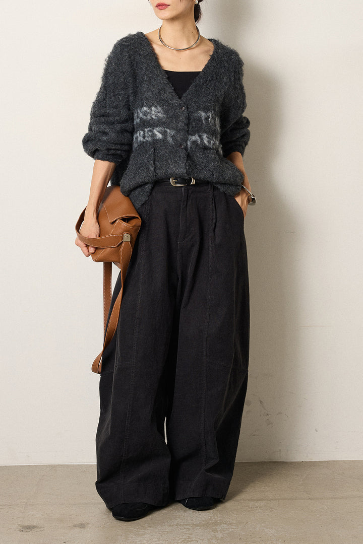 [SET]ウール混透かしロゴニットカーディガン+タック入りコーデュロイワイドパンツ(2set)