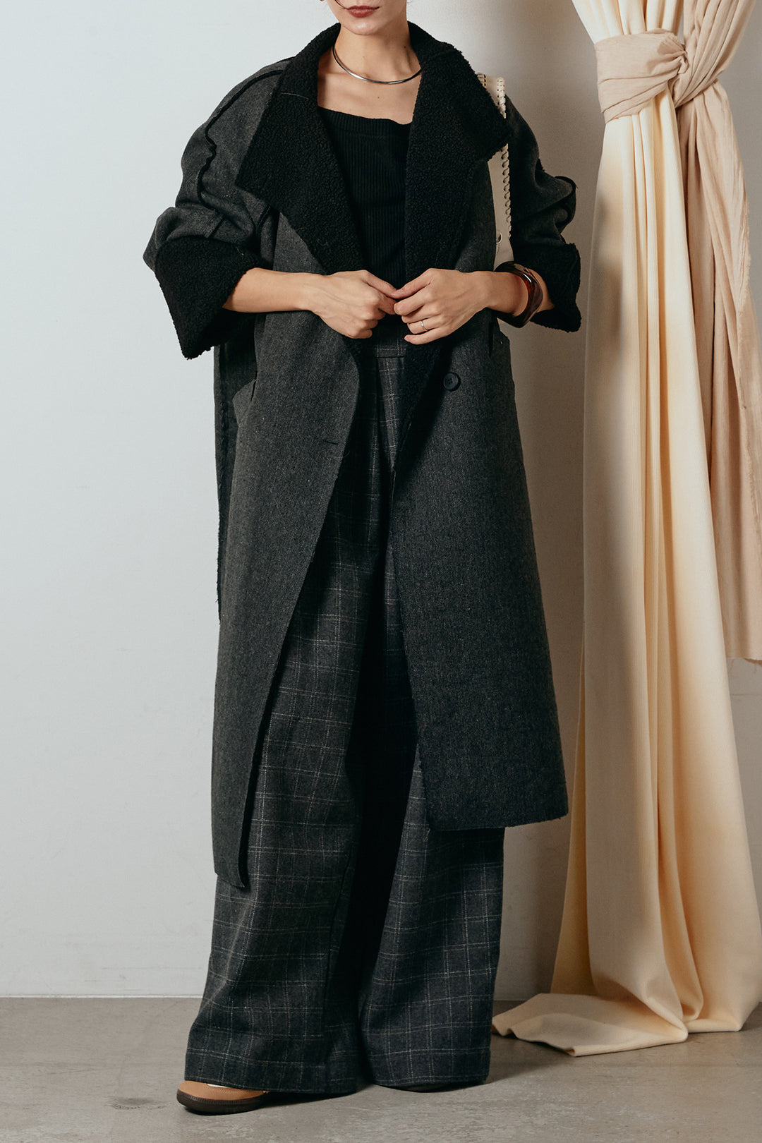 [SET]裏地ボアハイネックロングアウター+ウールライクチェックタックパンツ(2set)