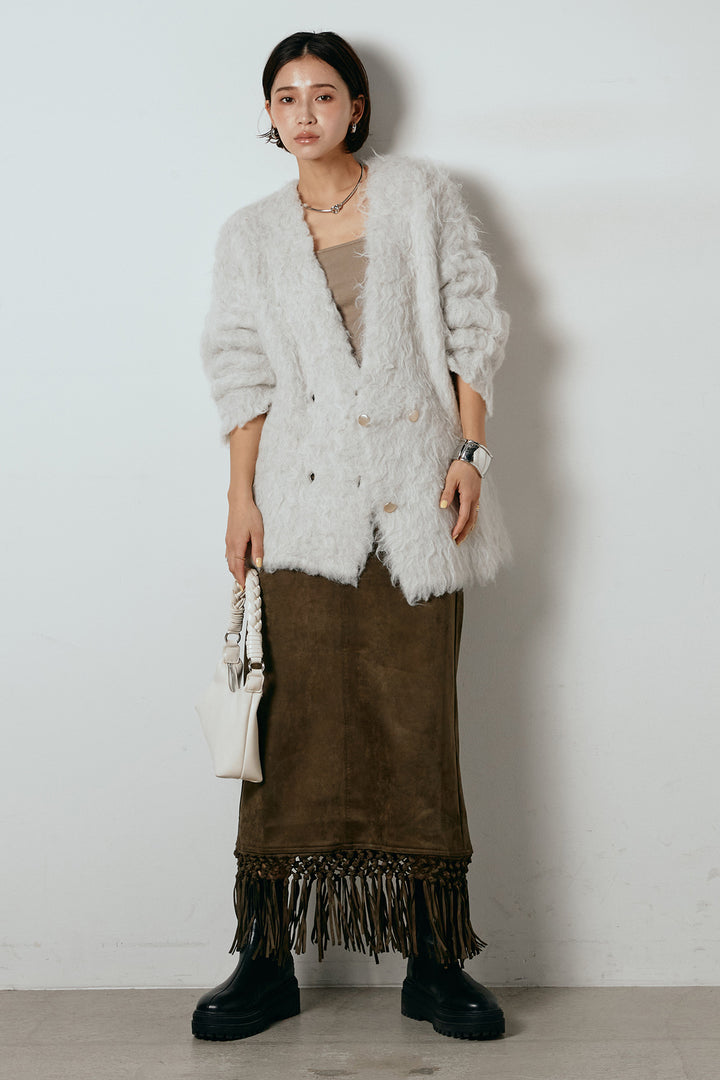 [SET]ウェーブシャギーニットジャケット+スウェードライク裾フリンジスカート(2set)