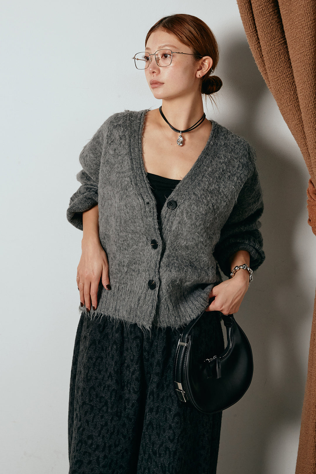起毛ボタンニットカーディガン/グレー