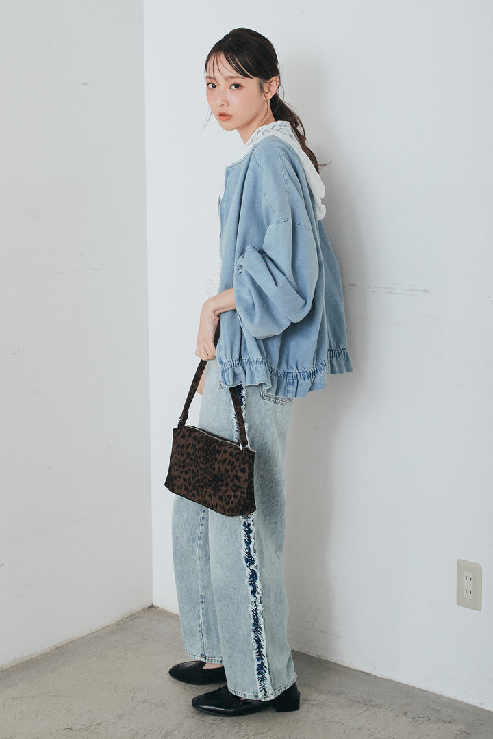 [SET]袖シャーリング裾フリルデニムブルゾン+デニムサイドフリルパンツ(2set)