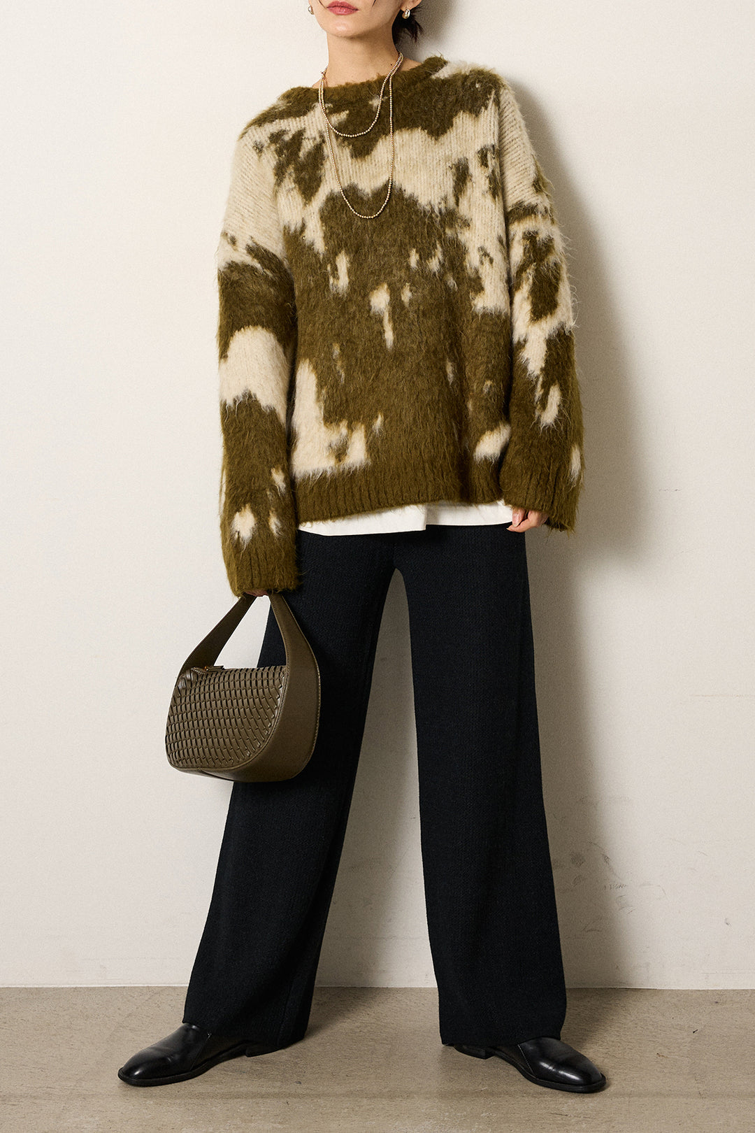 [SET]モヘアタッチマーブルニット+箔プリントBIGシルエットロングスリーブTシャツ+ワイドリブニットイージーパンツ(3set)