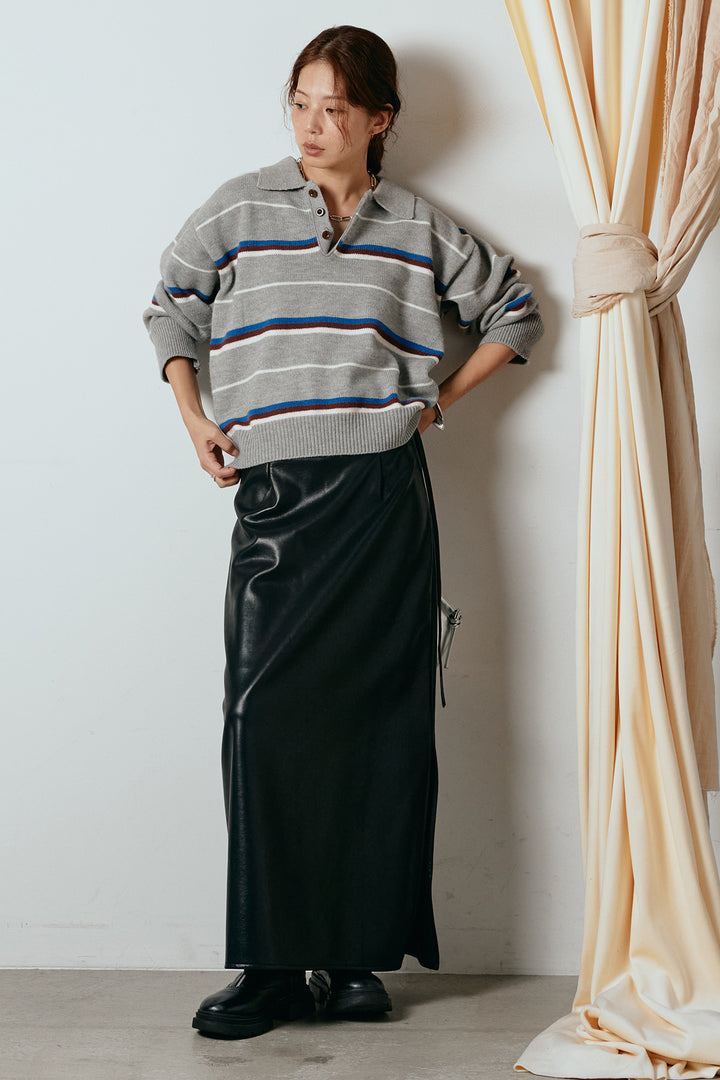 [SET]襟付きマルチボーダーニットポロトップス+紐付きフェイクレザーワイドスカート(2set)