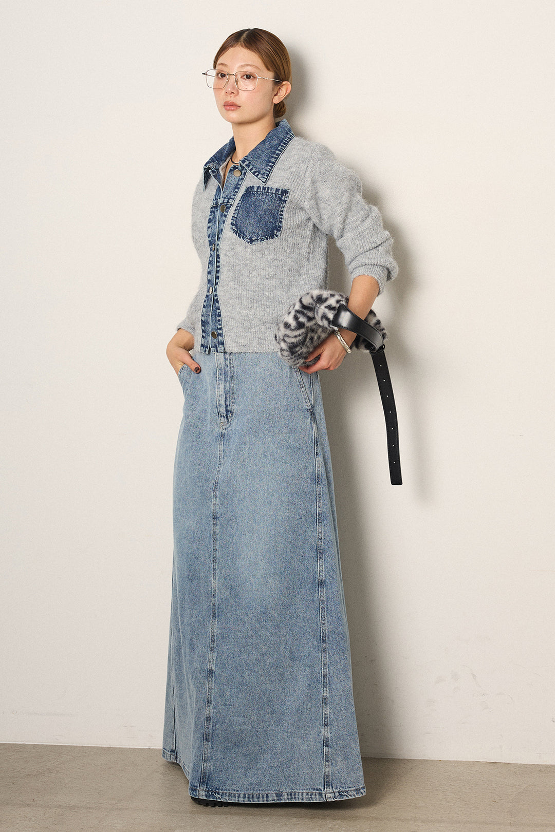 [SET]襟付きデニム切替ニットカーディガン+デニムロングフレアスカート(2set)