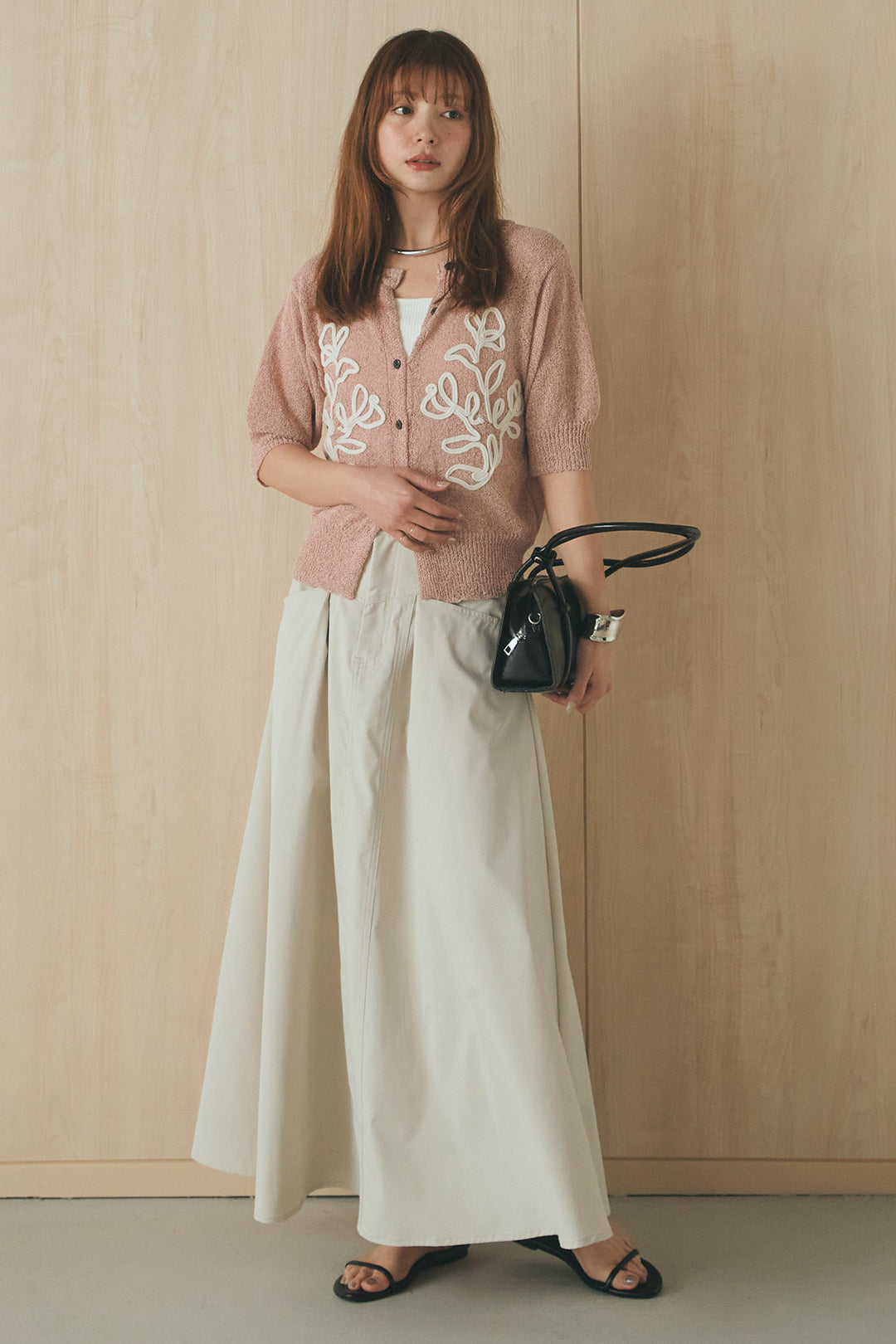 [SET]フロントテープデザイン半袖カーディガン+ミリタリーツイルタックフレアスカート(2set)