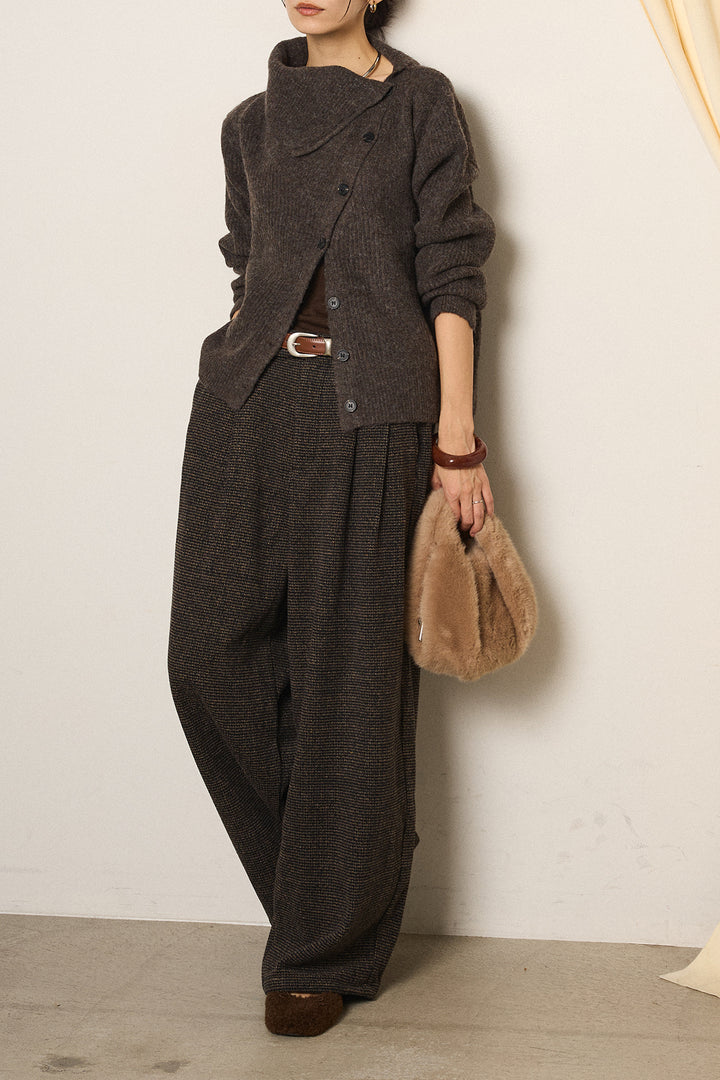 [SET]ボタンデザインネックニットプルオーバー+起毛タック入りツイードワイドパンツ(2set)