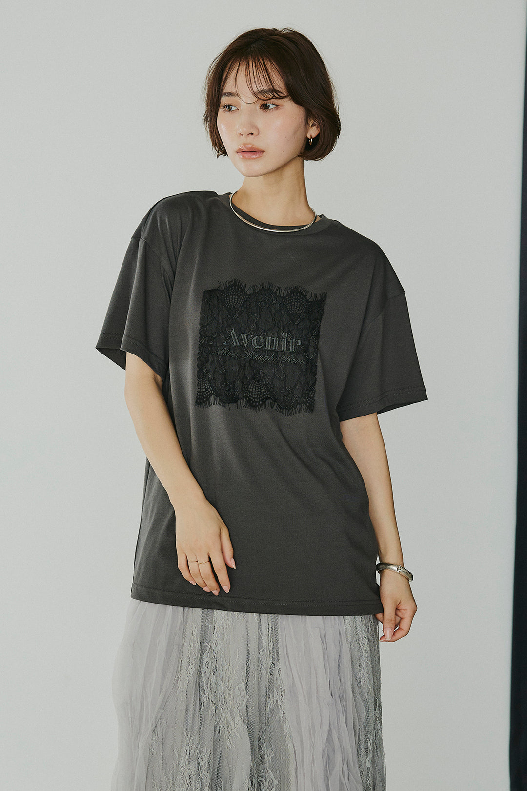 [SET]レースロゴ刺繍Tシャツ+レースコンビワッシャーギャザースカート(2set)