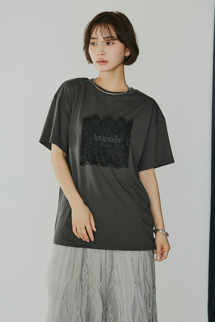 [SET]レースロゴ刺繍Tシャツ+レースコンビワッシャーギャザースカート(2set)