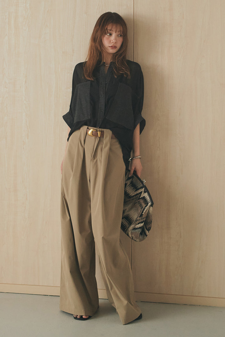 [SET]デニムライクビッグツーポケシアーシャツ+ベルトループデザインハイウエストタックパンツ(2set)