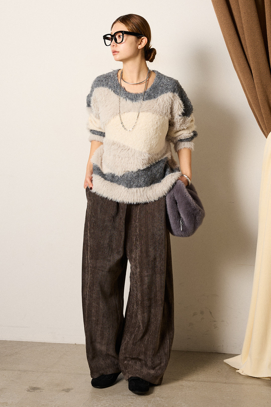 [SET]シャギーウェーブ柄クルーネックニットトップス+かすれデザインワイドパンツ(2set)