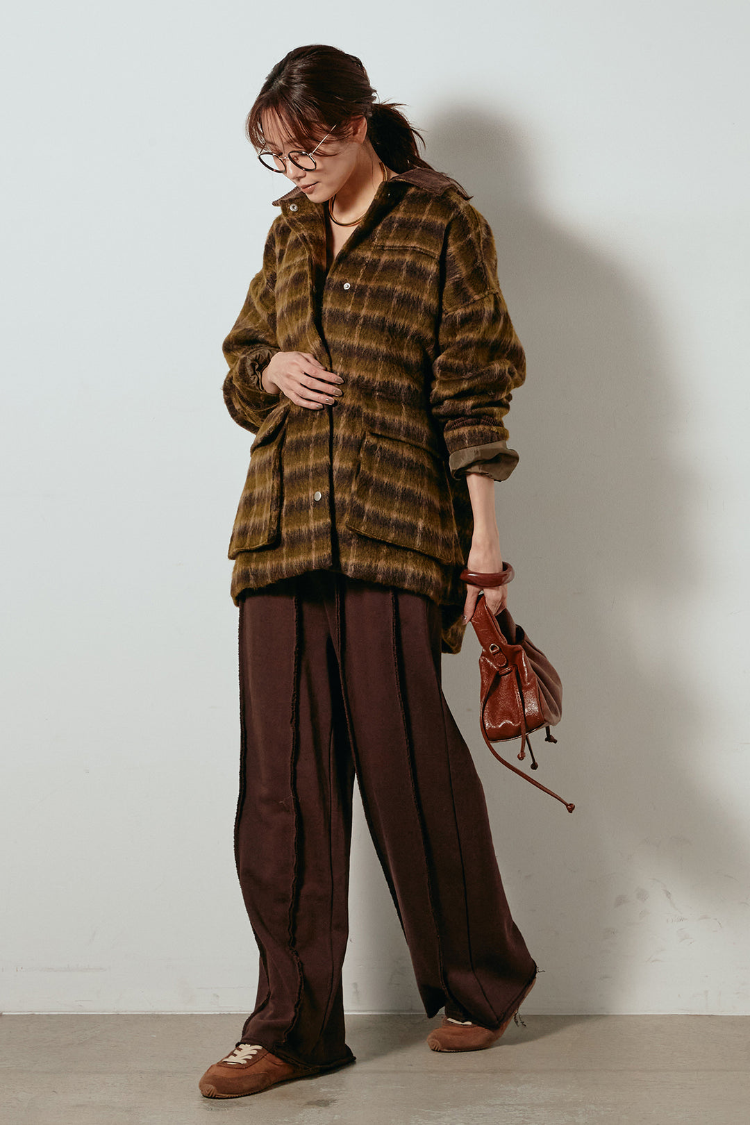 [SET]チェックシャギーミドルカバーオール+フロントラインデザインワイドスウェットパンツ(2set)