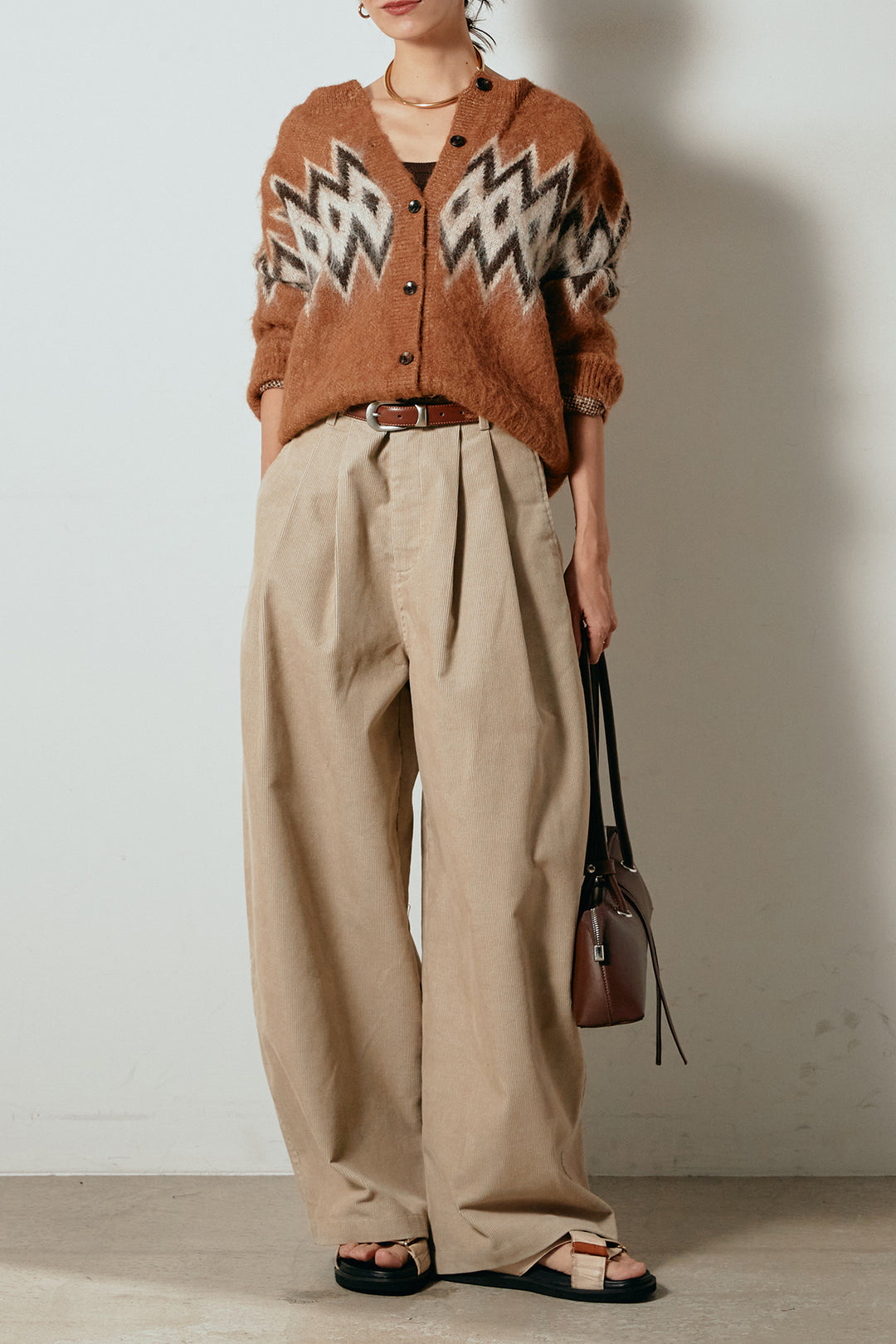 [SET]起毛ノルディック柄ニットカーディガン+フロントタック入りコーデュロイパンツ(2set)
