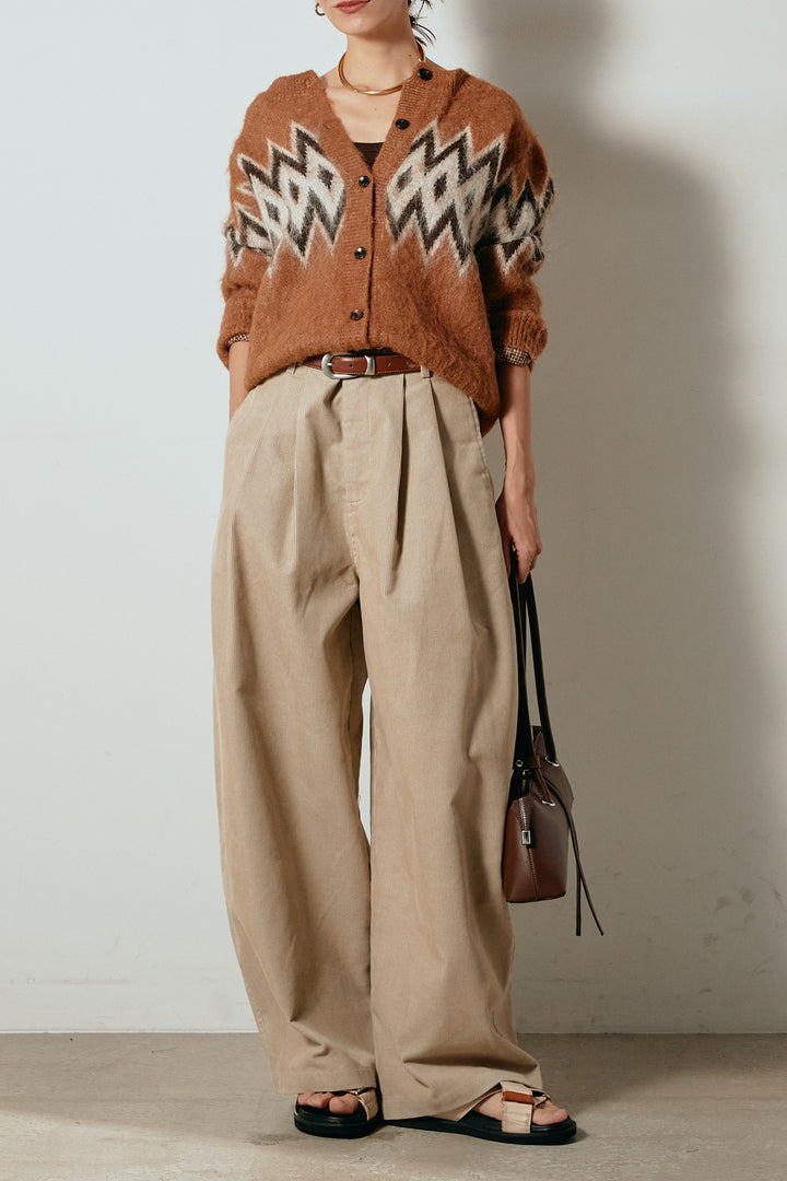 [SET]起毛ノルディック柄ニットカーディガン+フロントタック入りコーデュロイパンツ(2set)