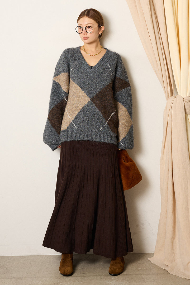 【着回しセット】[SET]ルーズアーガイルVネックニット+ルーズアーガイルVネックニット+編み地切り替えフレアニットスカート(3set)